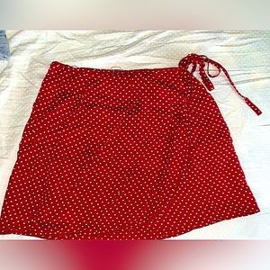 Honey Punch Women's Cross Tie Skirt Size L Dark Red White Polkadots